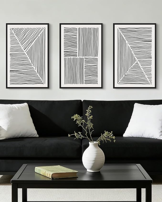 Drsoum Mid-Century Modern Framed Wall Art Large 16x24in Minimalist Abstract Boho Black Line Wall Decor Geometric Artwork Kitchen Dining Room Black Framed