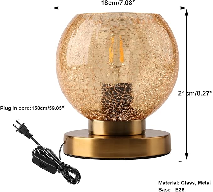 Modern Table Lamps Gold Desk lamp with Amber Crackled Glass Shade Globe Table lamp Art Deco lamp nightstand lamp Small Table lamp for Bedside Bedroom Living Room Office