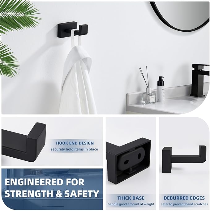 Suyar Matte Black Towel Hook, SUS 304 Stainless Steel Bathroom Robe Holder, Shower Towel Hanger, Wall Mounted