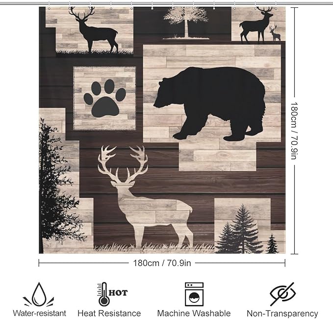Rustic Cabin Bear Animals Shower Curtain Deer Forest Wildlife Wooden Country Lodge Hunting Camping Animal Waterproof Shower Curtains for Bathroom Decor 12 Pack Hooks 72x72in (183x183cm)