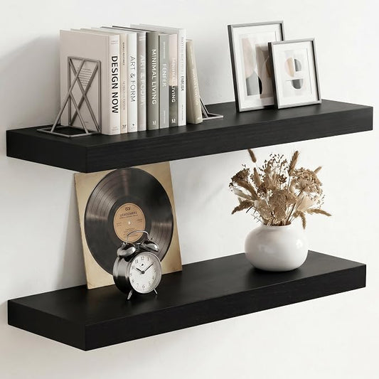 fuqing 20 Inch Floating Shelves | 6.7 Inch Deep Black Shelves for Wall Set of 2 | 20''W x 6.7''D x 1.4''H Black Wood Shelves for Living Room Bathroom Bedroom Kitchen Home Office