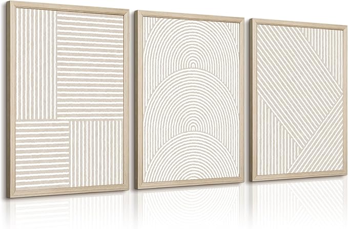 Beige Abstract Wall Art Pictures Set of 3 Boho Modern Canvas Wall Decor Neutral Line Wall Art Minimalist Art Abstract Beige Prints Painting Modern Artwork for Living Room Bedroom 12x16 Inch FRAMED