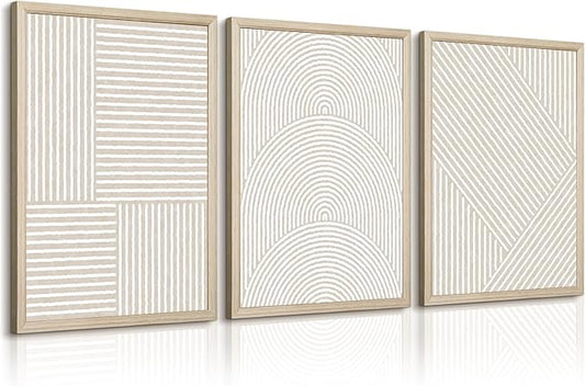 Beige Abstract Wall Art Pictures Set of 3 Boho Modern Canvas Wall Decor Neutral Line Wall Art Minimalist Art Abstract Beige Prints Painting Modern Artwork for Living Room Bedroom 12x16 Inch FRAMED