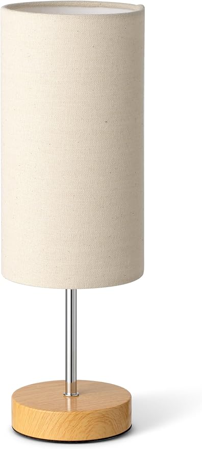 Small Bedside Table Lamp for Bedroom Nightstand, Round Linen Shade and Wood Base, Rustic Minimalist Night Lamps for Dresser, Living Room, Office, College Dorm Reading, Warm Light, 5W LED Bulb Included
