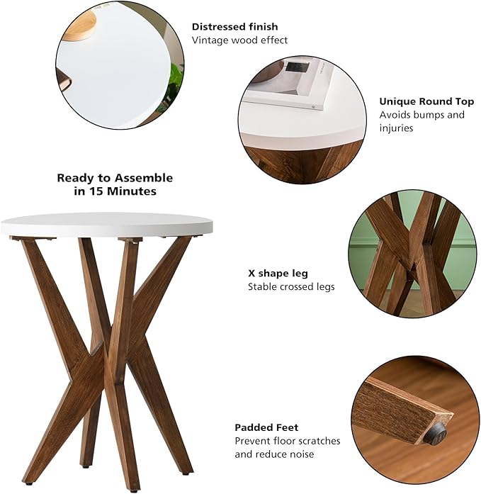 Farmhouse Round End Table Set of 2 with MDF Top and Crossed Legs, Boho Small Side Table for Living Room, Balcony, Small Spaces, Easy Assembly Bedside Table