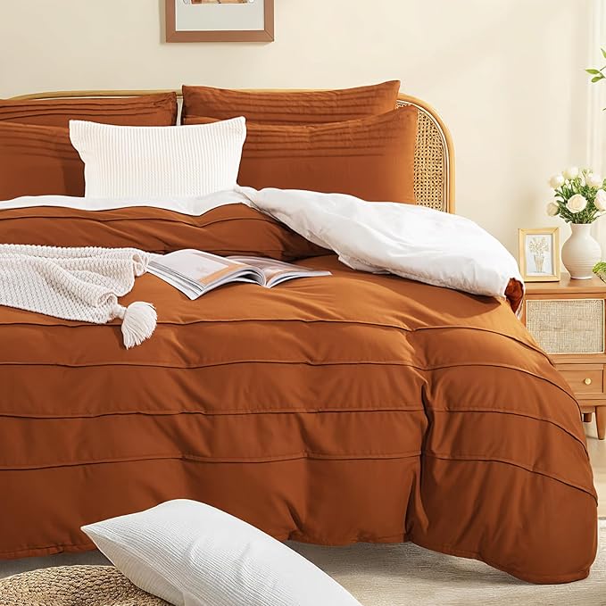 NEXHOME PRO 100% Organic Cotton Duvet Cover Set Full Size Linen Pleated Design,Terracotta Burnt Orange, 3pc Bedding Set with Zipper Closure, Soft, Lightweight and Breathable (80"x90", No Comforter)