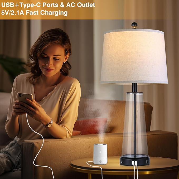 26" Glass Table Lamp Set of 2 with USB C+A Ports and AC Outlet, 3 Way Touch Modern Bedside Lamps for Night Stands, Black Nightstand Lamps for Bedroom Living Room