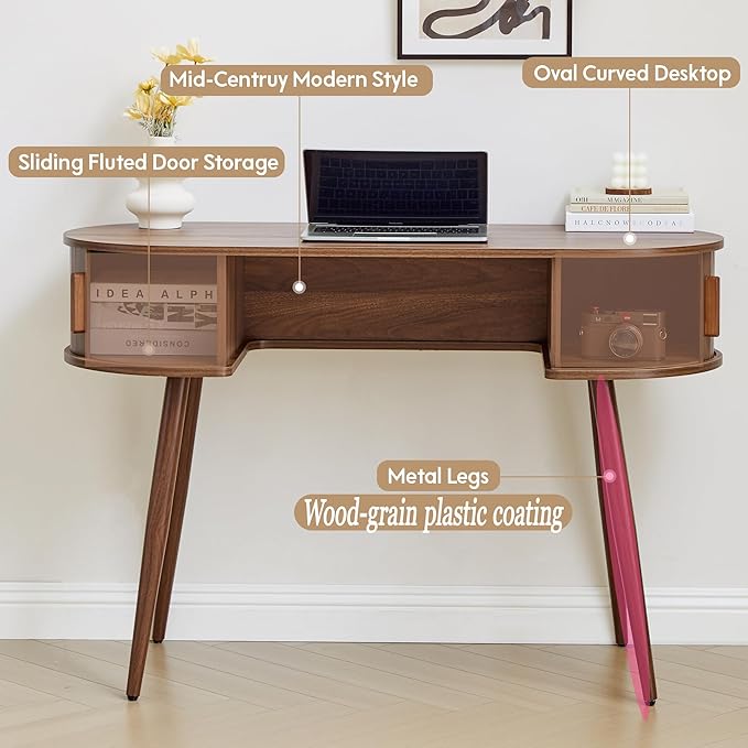 Mid-Century 43" Wood Writing Desk, Home Office Computer Laptop Desk with 2 Sliding Storage Space, Elegant Fluted Vanity Table Multifunctional Study Desk for Office, Bedroom (Wlanut-43)