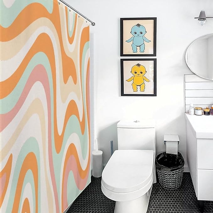 70s Swirl Shower Curtain for Bathroom, Retro Hippie Groovy Orange Colorful Wave Abstract Funky Trippy Vintage Boho Aesthetic Waterproof Fabric Shower Curtain Set with Hooks, 72"x84"