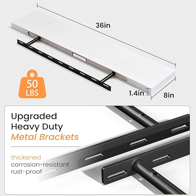 Floating Shelves 36 Inches Long - 8 Inch Deep Rustic Premium Solid Pine Wood for Storage - Farmhouse Wall Mounted for Living Room - Heavy-Duty Metal Bracket - 36" W x 8" D - Set of 2 - White Color