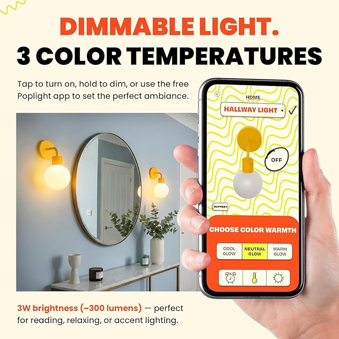 Wireless Wall Sconce (Shark Tank) Rechargeable & Dimmable LED Light w/App Control & Damage-Free Install, Moveable Modern Ambient Lighting for Elegant Home & Bedroom Decor | Marigold