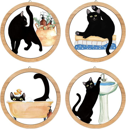 HPNIUB Funny Bathrooms Wall Decor, Black Cats In the Bath Wood Sign, 4 Pieces 10''x10'' Farmhouse Wooden Hanging Sign for Toilet Powder Room Restroom Wall Decoration, Lovely Cat Gifts