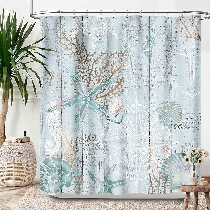 Blue Nautical Coastal Shower Curtains,Vintage Marine Coastal Sailboat Compass Anchor Ocean Beach Theme Bathroom Curtain Waterproof Fabric Machine Washable with Hooks,72x72Inch