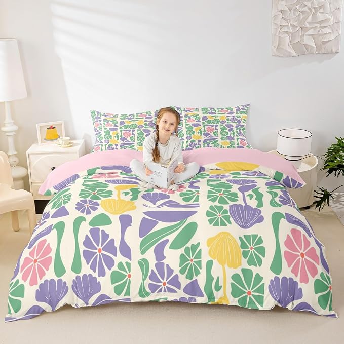 Erosebridal Retro Abstract Boho Colorful Floral Toddler Bedding Set Mid Century Modern Duvet Cover Purple Green Pink Patchwork Geometric Comforter Cover For Kids Adults,Vintage Retro Botanical Bed Set