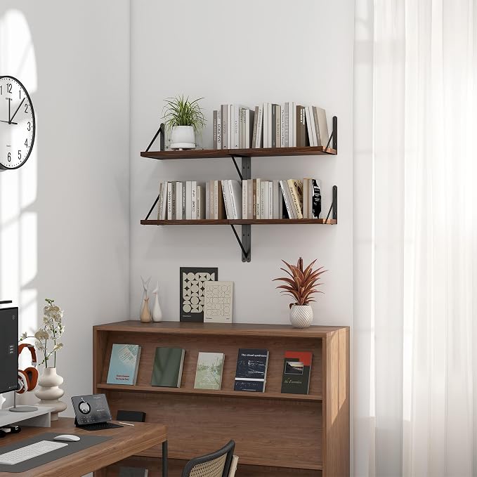 Heimlove Floating Shelves for Wall Set of 3,Light Wood Wall Mounted Bookshelf Decorative Shelf for Living Room Bathroom Bedroom Kitchen Laundry Pictures Plants Books Cats TV,Walnut Color