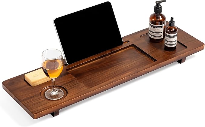 Teak Bathtub Tray Caddy - 29" Wide Adjustable Bathtub Table for Freestanding Tubs, Non-Slip Design with Phone/Wine Holder, Brown Bath Spa Essentials