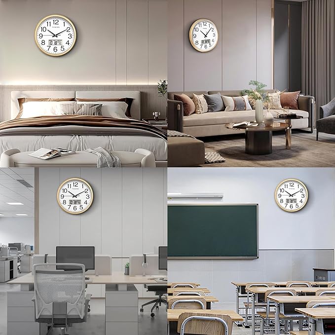 TIMESS Wall Clock, 11 Inch Non-Ticking Silent Battery Operated Quartz Analog with LCD Display for Perpetual Calendar and F° Temperature, Ideal Modern Home, Bedroom, Kitchen, Office Décor (Gold)
