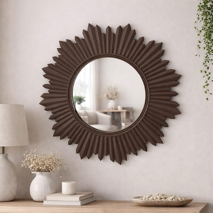 Armanda Collection Sunburst Round Wall Mirror Handmade Resin Frame Decorative Home Accent (Taupe, 47x47 cm)