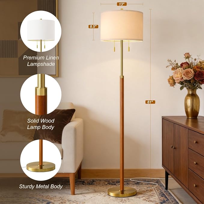 G-SAFAVA Floor Lamp 61" Wood Lamps for Living Room Bedroom 2-Lights Mid Century Modern Standing Tall Lamps for Office Nursery Corner Reading Room Lamp, 3 Color Temperatures 9W Bulbs Included, Gold