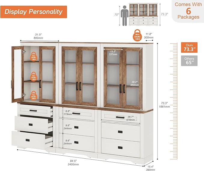 WAMPAT 3 Column 73.3" Tall Bookcase with Glass Door, 94.5" Wide Rustic Wood Bookshelves with Chest of Drawers, Modern Farmhouse Display Cabinet with Adjustable Shelves for Home,Office,White&Oak