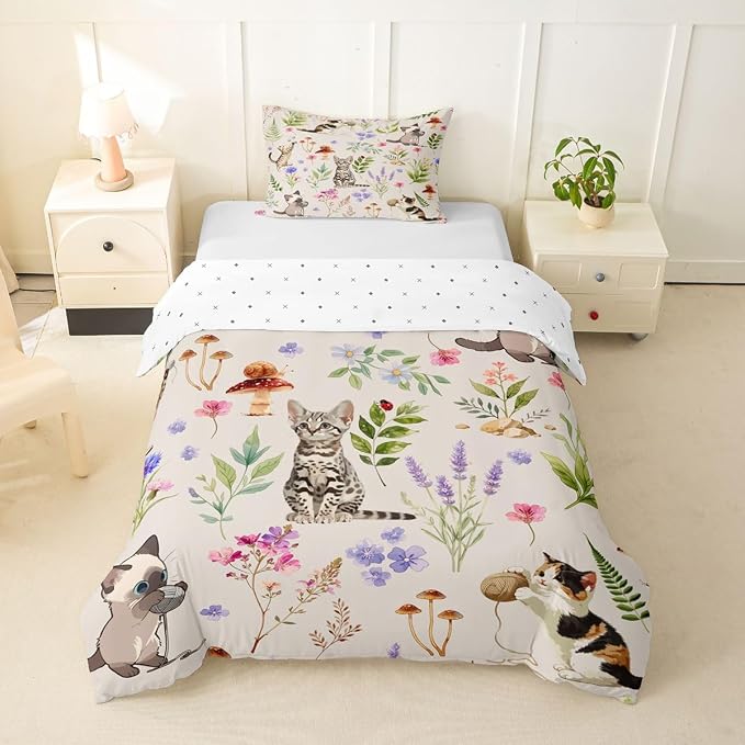 Erosebridal Cute Cat Toddler Bedding Set Kitten Cat Lovers Duvet Cover Cream Boho Watercolor Floral Comforter Cover for Kids Girls Boys Adults Funny Pet Animal Bed Set