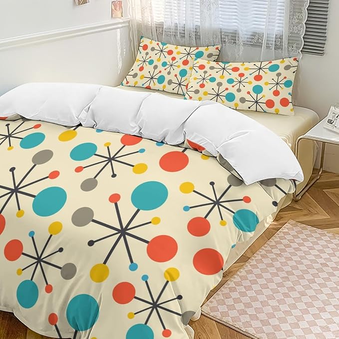 Mid Century Duvet Cover Sets Aesthetic Abstract Geometric Mid Century Retro Printed Lightweight Soft Quilt Cover Minimalist Soft Microfiber 3 Piece (1 Duvet Cover 90x102in + 2 Pillow Sham 20x30in)