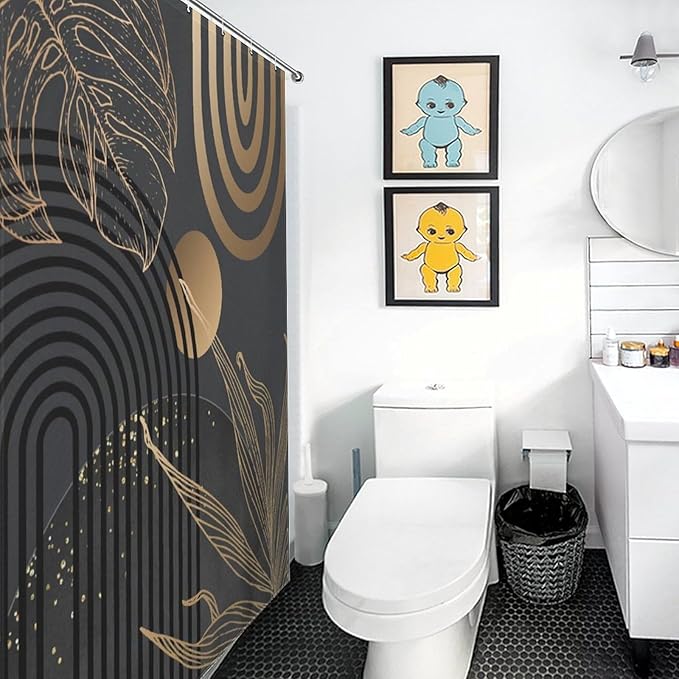 Dark Black Gold Shower Curtains,Mid Century Abstract Tropical Plant Minimalist Modern Geometric Palm Leaf Simple Waterproof Fabric Bathroom Shower Curtain Set with Hooks,72x72Inch (183x183cm)