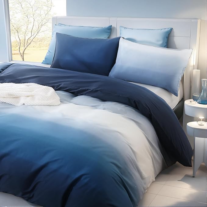 Blue and White Duvet Cover Queen Size 100% Cotton Duvet Cover Sets Gradient Blue Comforter Cover Ocean Like 3 Pcs Soft and Lightweight Bedding Set for All Seasons