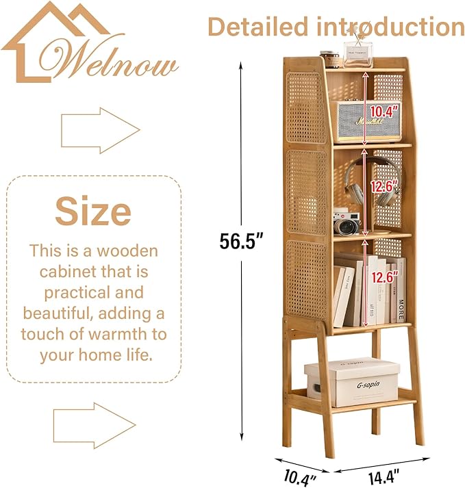Welnow Bamboo Rattan Bookcase with Cabinet, 3-Tier Storage Shelf with Side Table & End Table Function, Large Modern Wood Organizer for Living Room or Bedroom, Natural Bookshelf