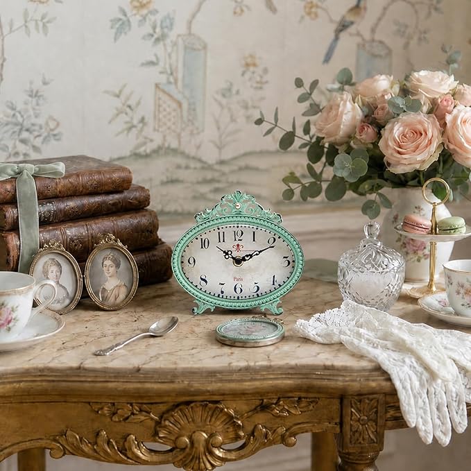 NIKKY HOME Vintage Table Clock, French Turquoise Color Rococo Style Desk Clock Battery Operated Rustic Design, Home Décor for Living Room, Bedroom, Bedside, Desk, Gift Clock