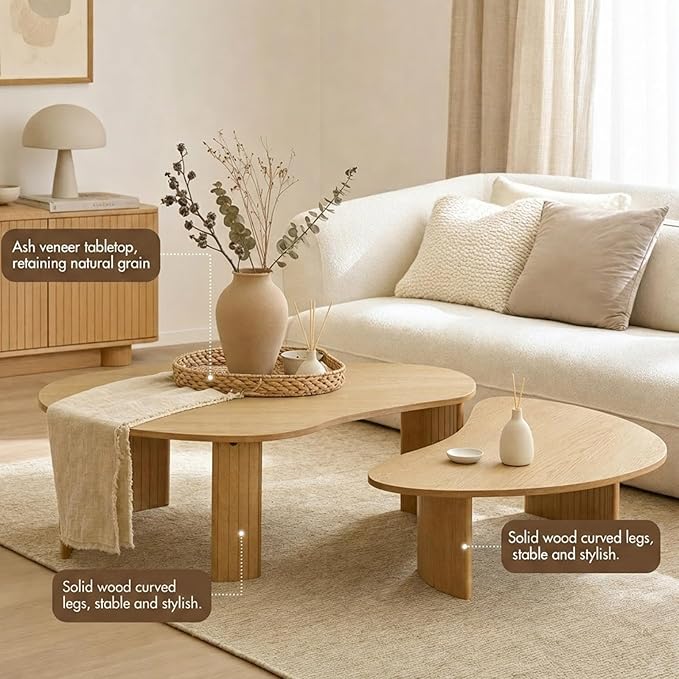 Nesting Coffee Tables Set of 2 – Cloud/Mango Shaped Ash Veneer Top with Fluted Solid Wood Legs, Space-Saving End Tables for Living Room, Natural Wood Finish (47" L x 25" W x 16" H)