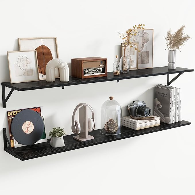 55" Long Wall Mounted Floating Shelves,8 inch Deep Floating Shelf with Metal Brackets Set of 2,Easy-to-Install Wall Decor Storage Ledges for Living Room,Bathroom,Bedroom,Kitchen,Office,Black
