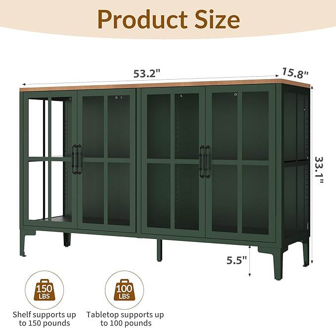 53" 3-Sided Glass Sideboard Buffet Cabinet with COB Lights, Adjustable Shelves, Modern Metal-Wood Buffet Table with Storage, Glass Display Cabinet for Coffee Bar Dining Room Kitchen, Green