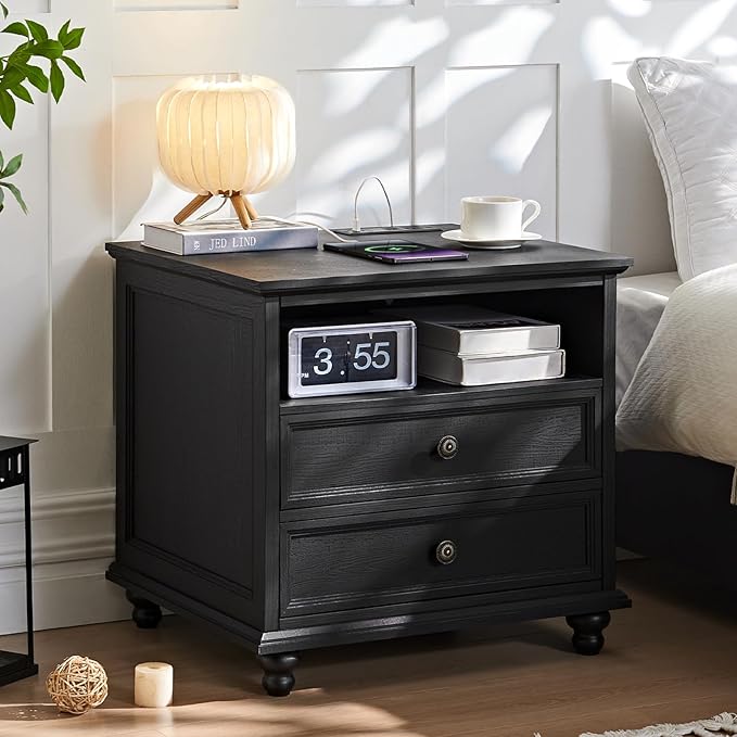 24" Wide Farmhouse Nightstand Set of 2 with Charging Station,End Table with 2 Drawers,Black Wood Dresser for Bedroom Cabinet, Bed Side Table Chest of Drawers, Night Stand for Living Room
