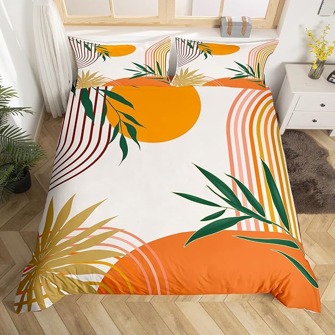 Erosebridal Geometric Leaves Duvet Cover Twin for Kids Boys Girls,Mid Century Orange Comforter Cover,Botanical Minimalist Bedding Set,Abstract Modern Bed Set 2 Pcs Bedroom Decor