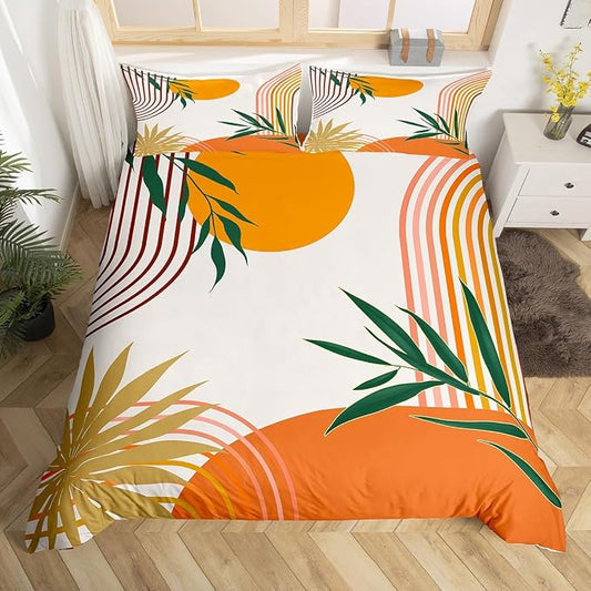 Erosebridal Geometric Leaves Duvet Cover Twin for Kids Boys Girls,Mid Century Orange Comforter Cover,Botanical Minimalist Bedding Set,Abstract Modern Bed Set 2 Pcs Bedroom Decor
