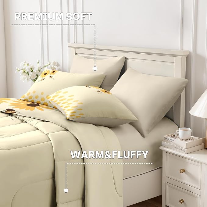 7Pcs Comforter Set King Size, Honey Bee Themed Yellow Sunflower, Bedding Decor Cute Daisy Flower Bumble Honeycomb Bedroom Bed Set Flat Sheet Fitted Sheet Pillowcases Shams for Kids and Adults