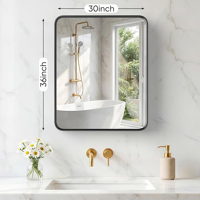 NEWBULIG 30X36 Inch Bathroom Mirror for Over Sink, Wall Vanity Mirrors Tempered Glass, Anti-Rust Metal Framed Rounded Rectangle, Hangs Horizontally or Vertically, Farmhouse Home Decor, Black