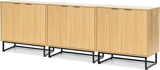 Fluted Storage Cabinets Set of 3, Sideboard Buffet Cabinets with Adjustable Shelves, Modern Accent Credenza, Console Table Entryway Cabinet for Living Room, Natural Oak