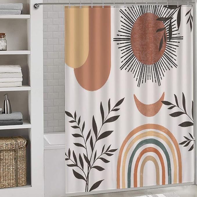 Mid Century Abstract Boho Shower Curtain Orange Vintage Aesthetic Nature Leaf Sun Modern Washable Waterproof Fabric for Bathroom Decor Bathtub with 12 Hooks 66x72in（168x183cm）