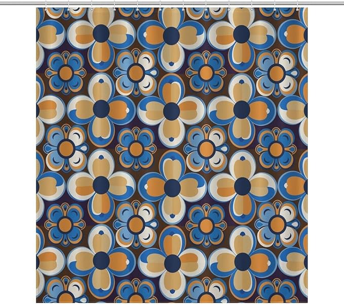 Bohemia Royal Blue Flowers Shower Curtain Mid Century Funky Retro Hippie 60s 70s Aesthetic Washable Waterproof Fabric for Bathroom Decor Bathtub with 12 Hooks 66x72in（168x183cm）