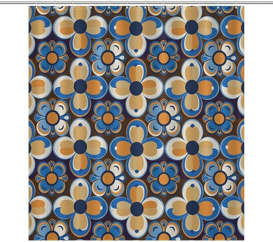 Bohemia Royal Blue Flowers Shower Curtain Mid Century Funky Retro Hippie 60s 70s Aesthetic Washable Waterproof Fabric for Bathroom Decor Bathtub with 12 Hooks 66x72in（168x183cm）