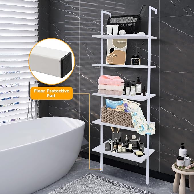 5 Tier Wall Mounted Ladder Shelf, Ladder Bookshelf with Metal Frame and Wood Shelf, Modern Learning Bookcase for Living Room, Bedroom, Office (23.6" W x 11.8" D x 70.8" H, White)