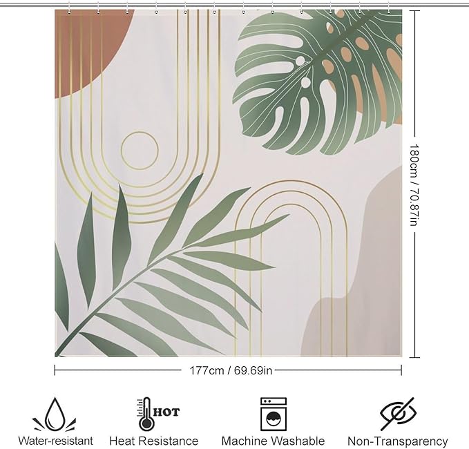 Boho Mid Century Shower Curtain,Modern Abstract Plant Botanical Palm Leaf Minimalist Bathroom Curtain Polyester Waterproof Fabric Decor 72x72in（183x183cm）