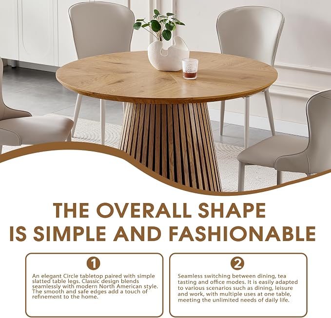 ODC 47" Modern Round Dining Table for 4, Natural Wood Grain Kitchen Table with Slatted Pedestal Base, Mid-Century Round Table for Dining Room, Small Dining Table for Kitchen & Home Office, Table Only