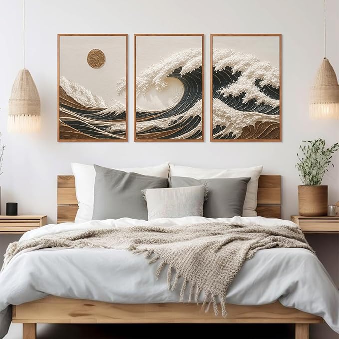 HLNIUC Great Wave Sunset Framed Canvas Wall Art,Abstract Sun Seascape Art Decor Set of 3(24”x36”) Modern Ocean Beach Art Print,Large Sea Wave Pictures Framed Wall Painting for Living Room,Bedroom