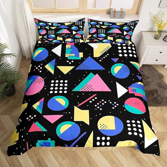 80s 90S Fashion Style Bedding Set Queen Size,Retro Memphis Style Pattern with Geometrical Shapes Duvet Cover for Kids Child,Funky Hipster Old Fashioned Comforter Cover Geometric Bedroom Decor