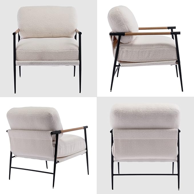 DUOMAY Mid-Century Modern Accent Chair, Comfy Sherpa Sofa Lounge Chair Reading Corner Chair for Living Room Bedroom Office, Mid-Back Arm Chair with Black Metal Leg, White