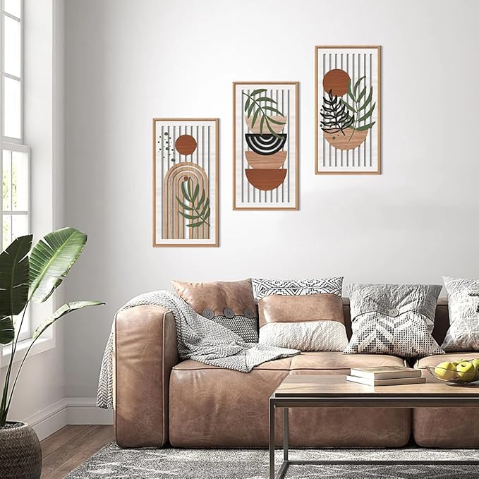 IARTTOP Boho Mid-century Modern Wood Wall Art 8x16 Inch Framed Bohemian Abstract Wooden Wall Decor Set of 3 Minimalist Orange Leaf Wall hanging for Living Room Bedroom Office