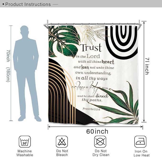 Miyotaa Abstract Bible Quotes Shower Curtain Set 60Wx71H Inches Minimalist Aesthetic Modern Emerald Green Contemporary Plant Leaves Neutral Positive Waterproof Bathroom Curtain with 12 Hooks